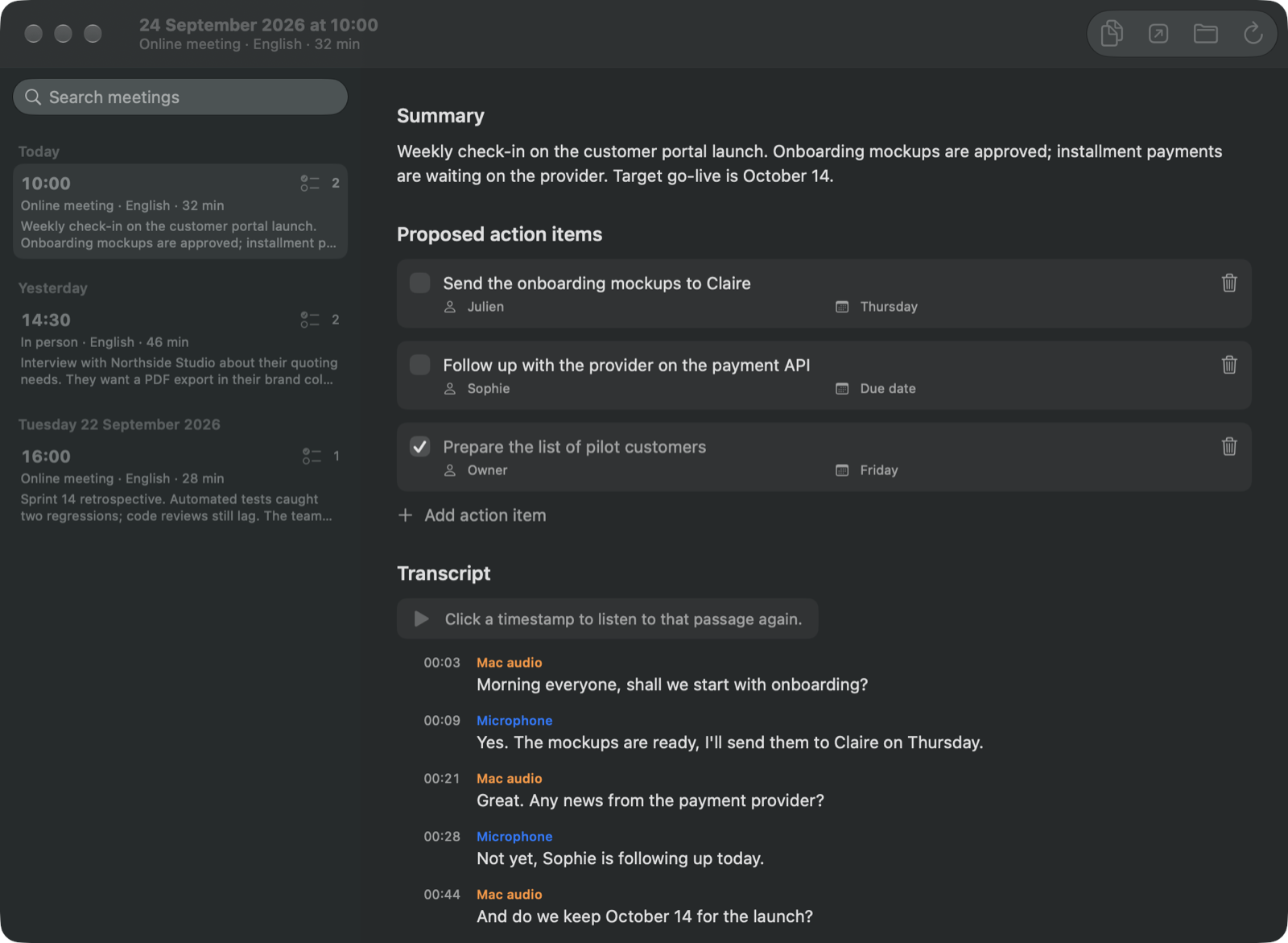 The Sillage Meetings window: a list of meetings by day, and the summary, action items and transcript of the selected meeting.