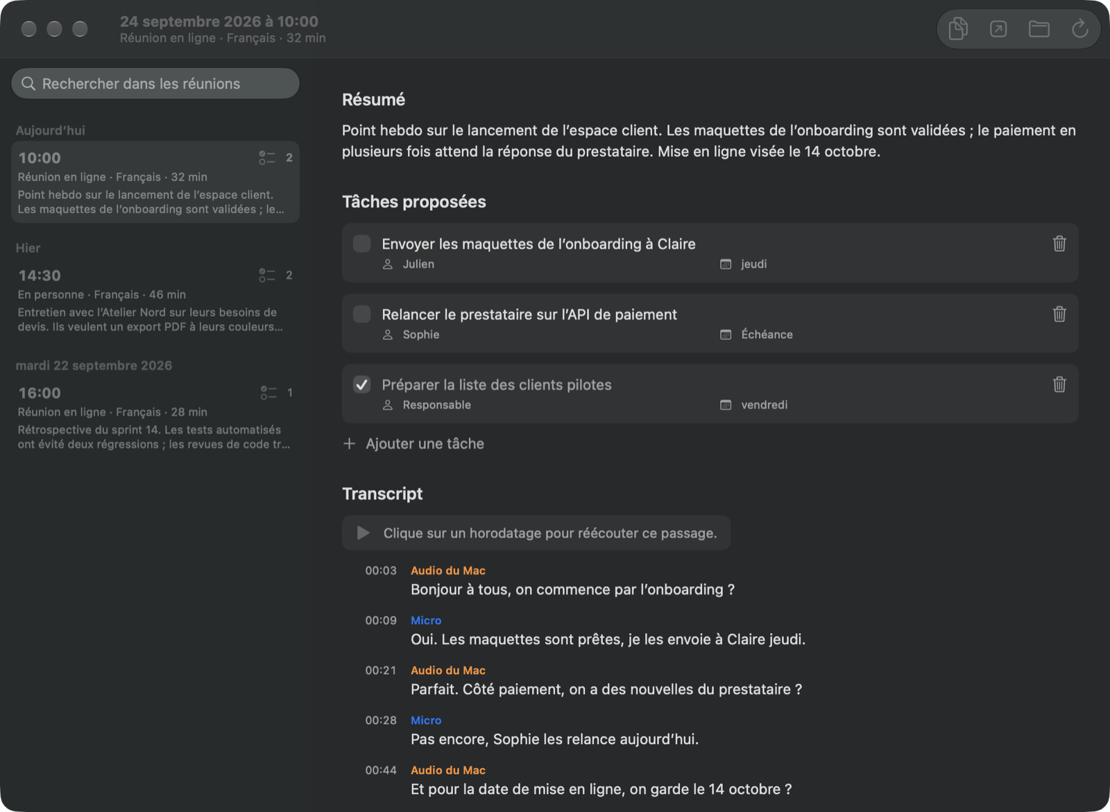 La fenêtre Réunions de Sillage : une liste de réunions par jour, et le résumé, les tâches et le transcript de la réunion sélectionnée.